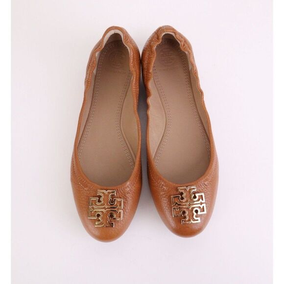 NIB Tory Burch MELINDA Ballet Flats Tumbled Leather in Royal Tan/ Gold in 7.5 - Picture 3 of 11